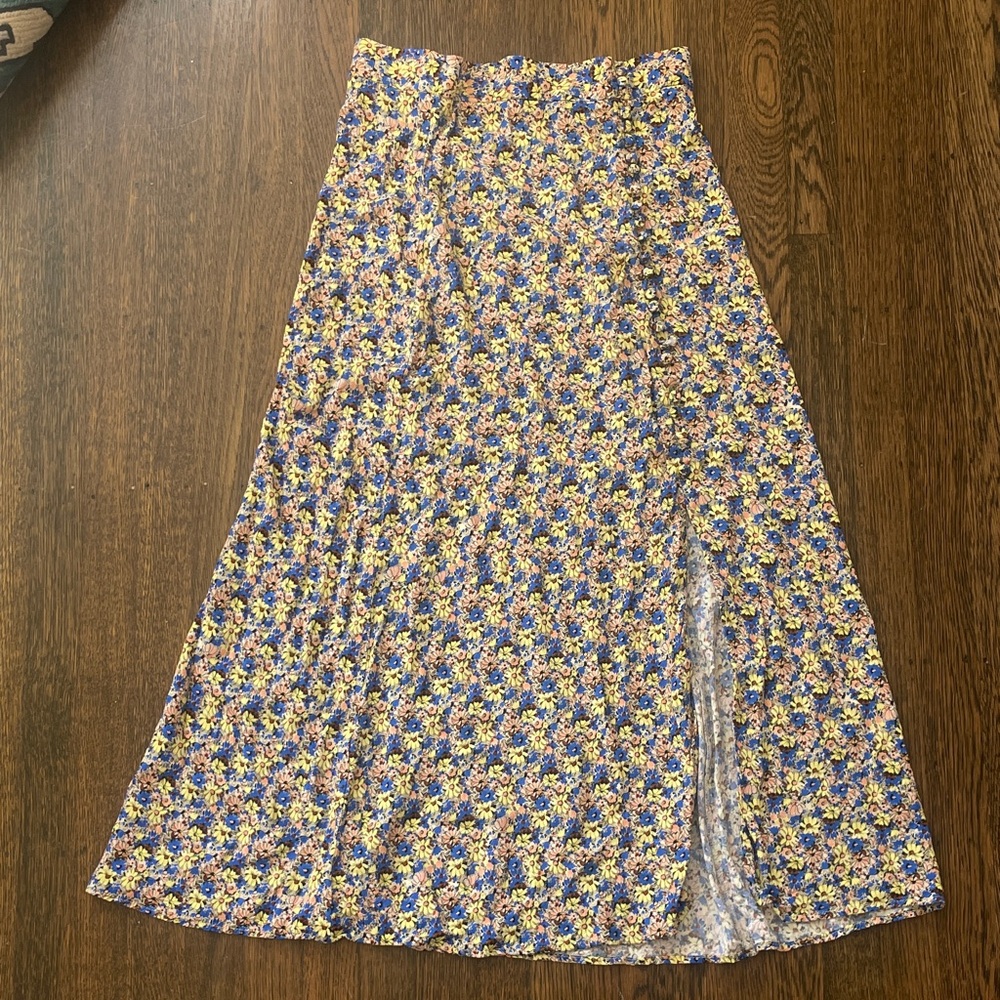 Zara A-Line Skirt with Floral Print in Blue and Yellow